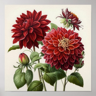 Red Dahlias Flower Art Print Poster