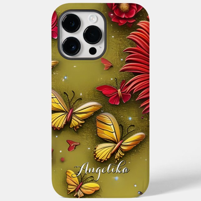 Red Daisies Gold Butterflies Personalised Name Case-Mate iPhone Case (Back)
