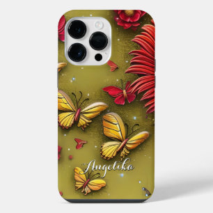 Red Daisies Gold Butterflies Personalised Name iPhone 14 Pro Max Case