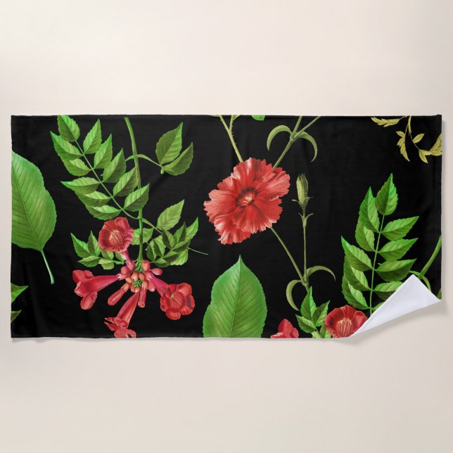 Red Daisies With Leaves Pattern Beach Towel (Front)