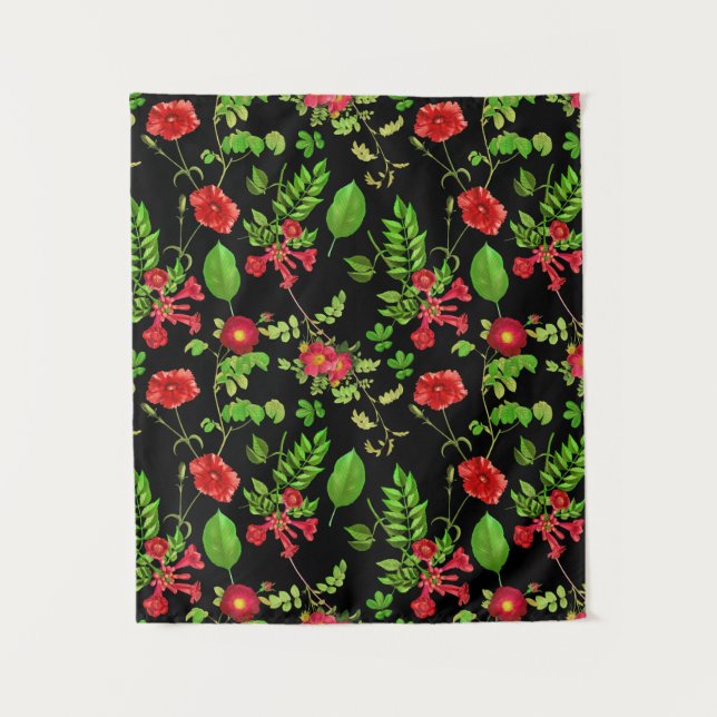 Red Daisies With Leaves Pattern Tapestry (Front)