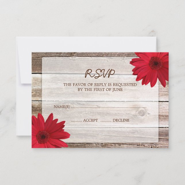 Red Daisy Barn Wood Wedding RSVP Response Card (Front)