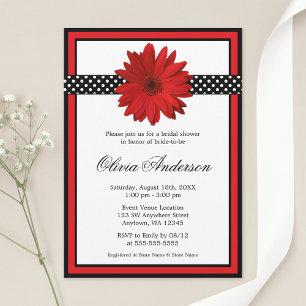 Red Daisy Black Polka Dots Bridal Shower Invitation