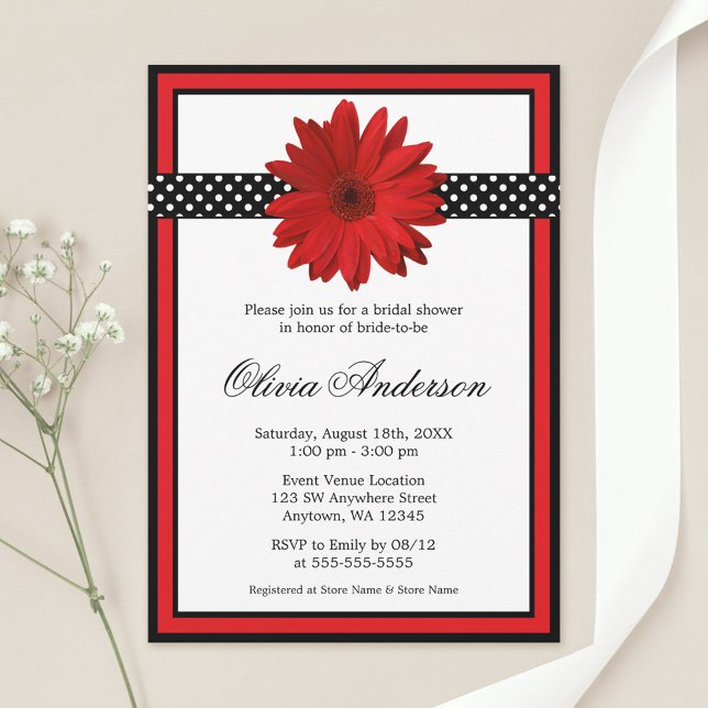 Red Daisy Black Polka Dots Bridal Shower Invitation (Creator Uploaded)
