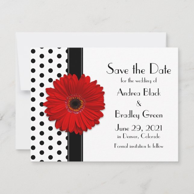Red Daisy Black Polka Dots Save the Date (Front)