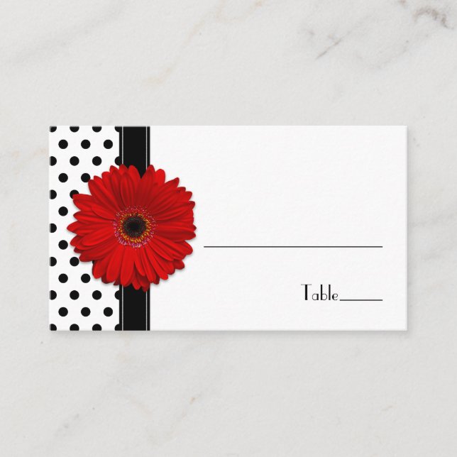 Red Daisy Black White Polka Dot Wedding Place Card (Front)