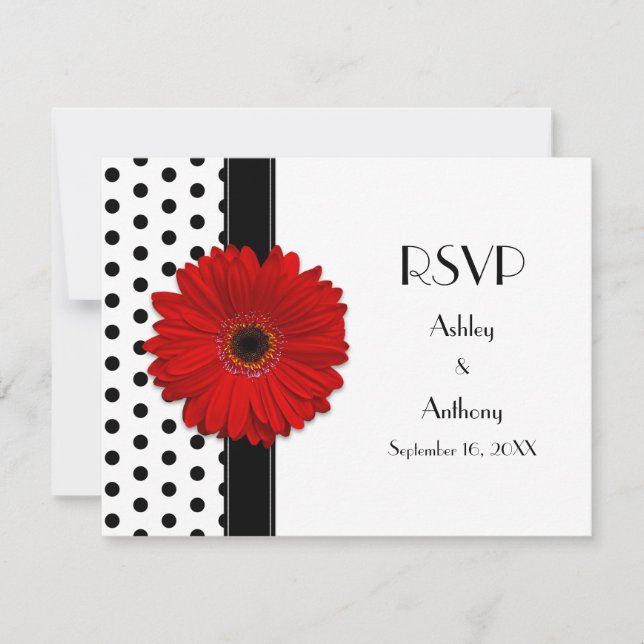 Red Daisy Black White Polka Dot Wedding RSVP Card (Front)