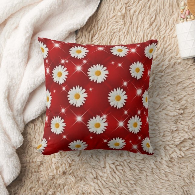 Red Daisy Floral Sparkle Throw Pillow (Blanket)