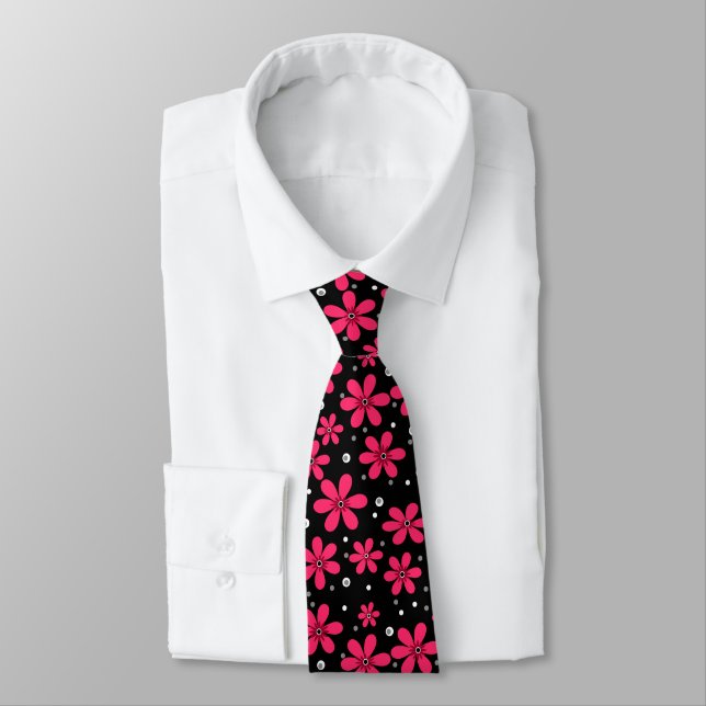 Red daisy flowers retro background summer tie (Tied)