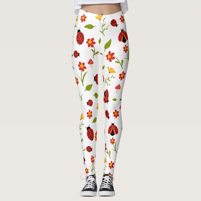 Red Daisy Ladybug Floral Garden Leggings (Front)