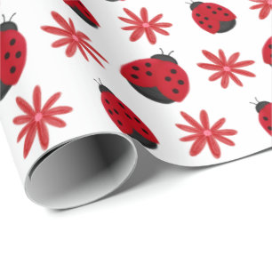 Red Daisy Ladybug Pattern Wrapping Paper