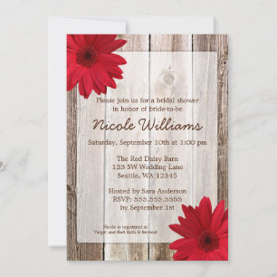 Red Daisy Rustic Barn Wood Bridal Shower Invitation