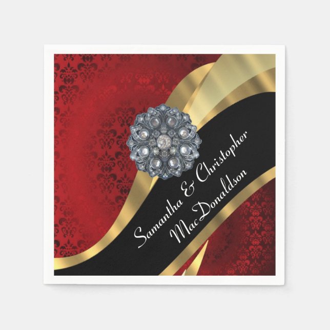 Red damask and crystal rhinestone napkin (Front)