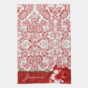 Red Damask And Flowers Tea Towel