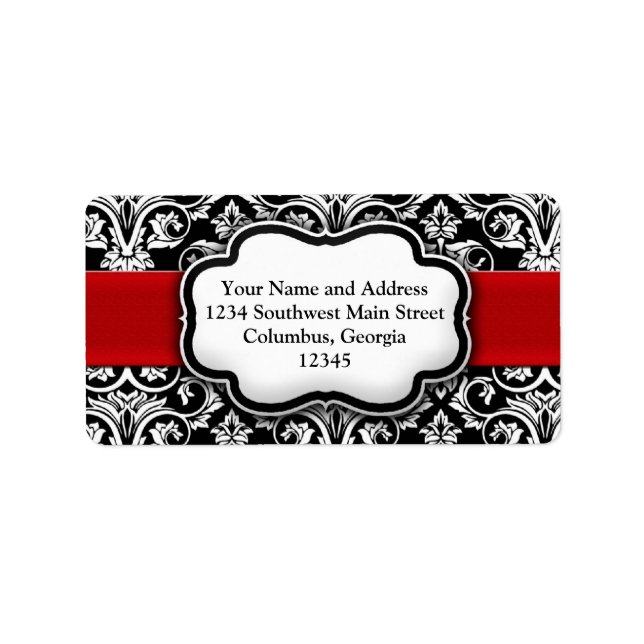 Red Damask Black and White Holiday Address Label (Front)