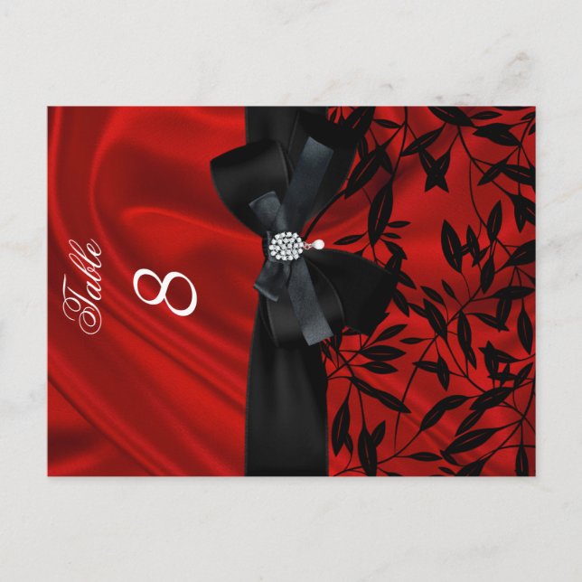 Red Damask Black Table Number Seating Place Card (Front)