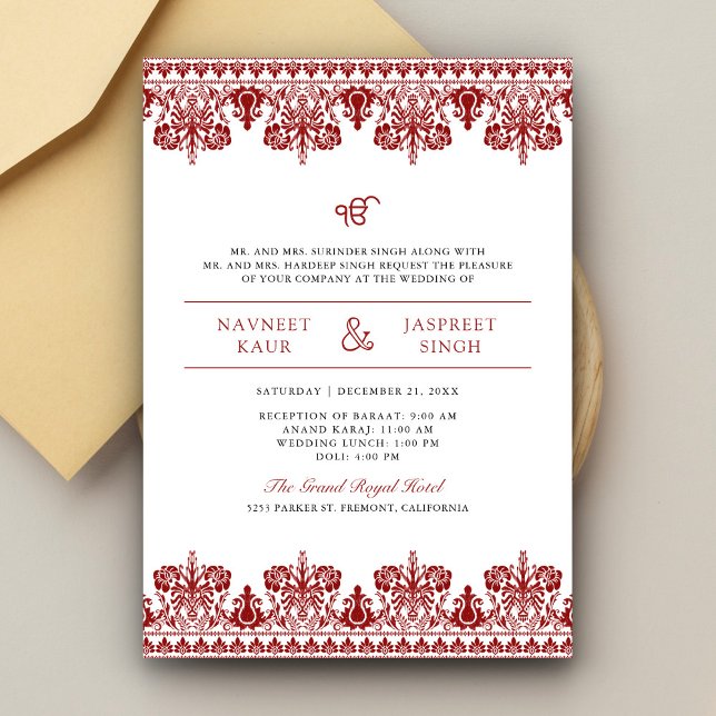 Red Damask Border Anand Karaj Sikh Wedding Invitation (Creator Uploaded)