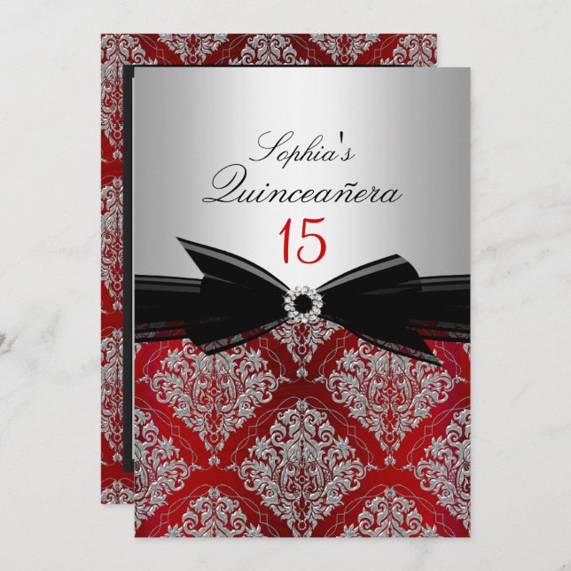 Red Damask Bow Quinceanera Announcements (Front/Back)