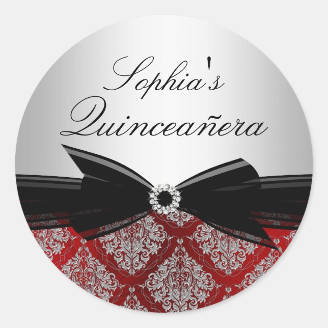 Red Damask & Bow Quinceanera Sticker (Front)