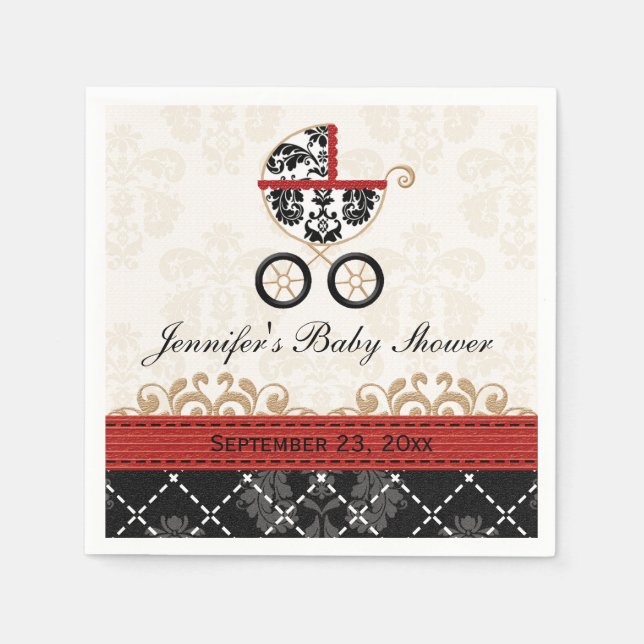 Red Damask Carriage Baby Shower Napkin (Front)