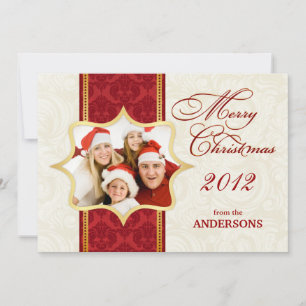Red Damask Christmas Photo Flat Card