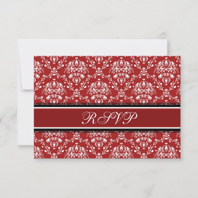 Red Damask Christmas Wedding RSVP Cards (Front)
