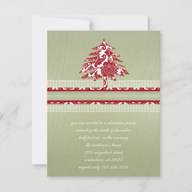 Red Damask Christmas Wood Grain Tree Invite (Front)