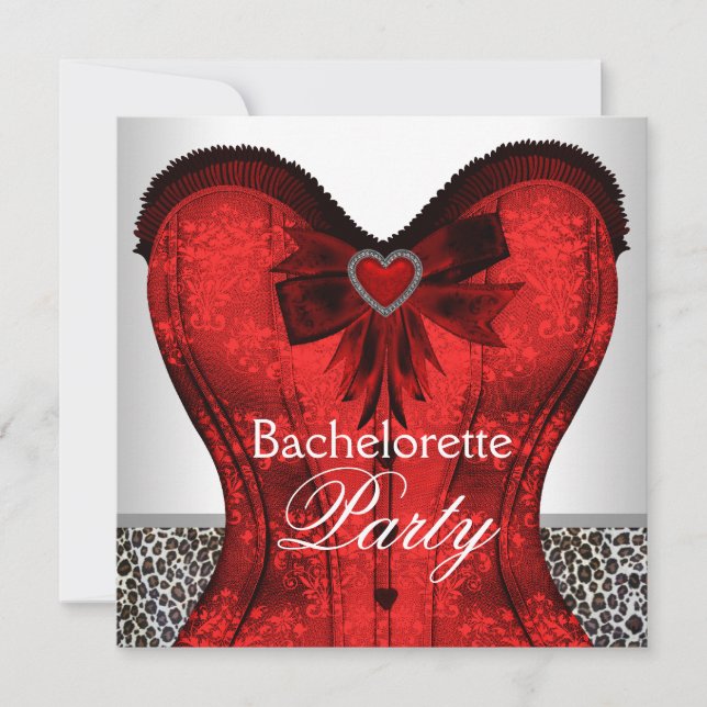 Red Damask Corset Leopard Bachelorette Party Invitation (Front)