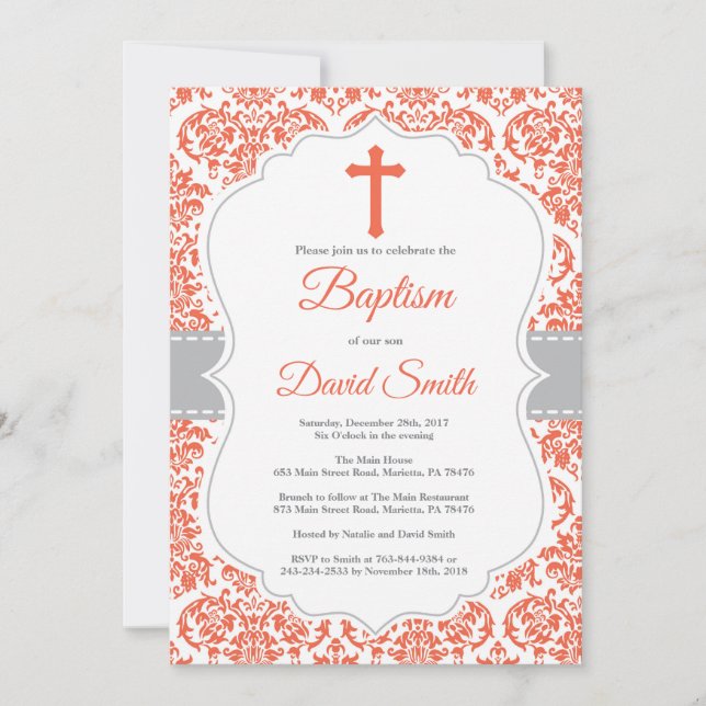 Red Damask Cross Baptism Invitation (Front)