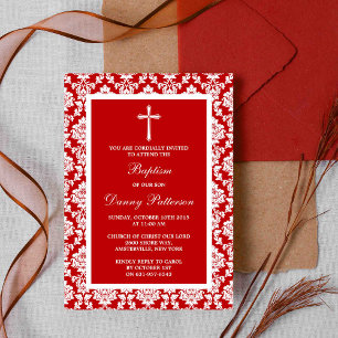 Red Damask Cross Baptism Or Christening Invitation