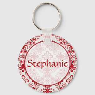 Red Damask Customisable Name Button Keychain