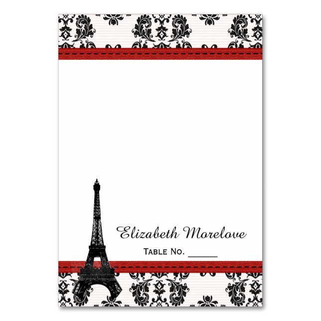 RED Damask Eiffel Tower Tent Place Cards (Front)