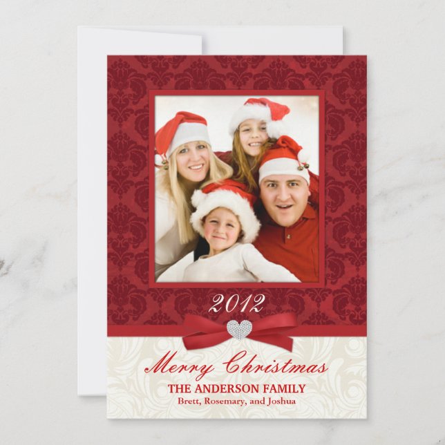 Red Damask Flat Photo Holiday Card (Front)