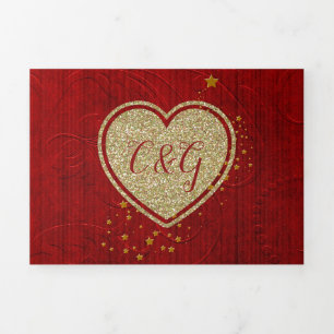Red Damask Gold Heart All in One Wedding   Tri-Fold Invitation