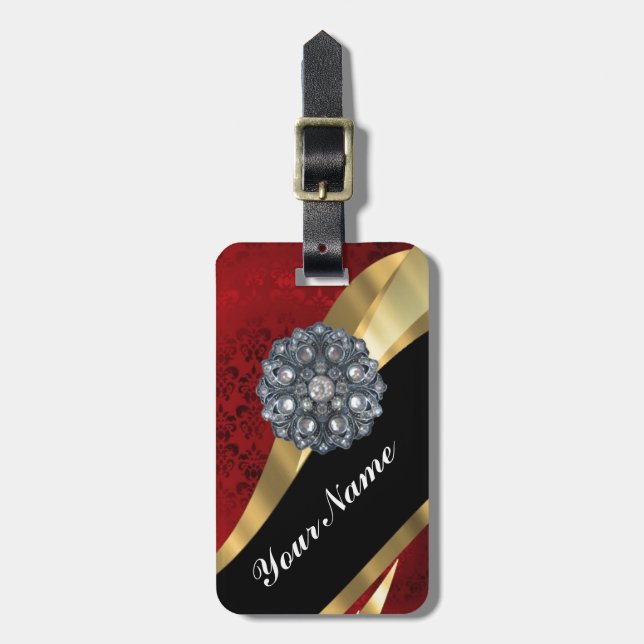 Red damask & gold luggage tag (Front Vertical)
