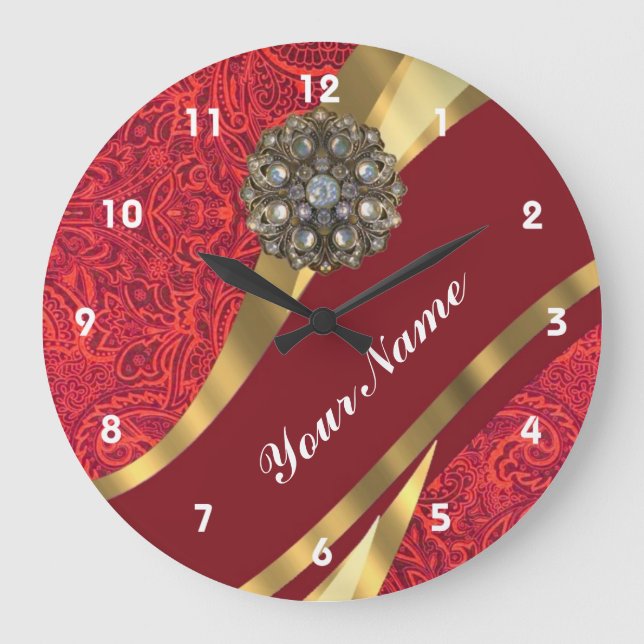 Red damask & gold swirl large clock (Front)