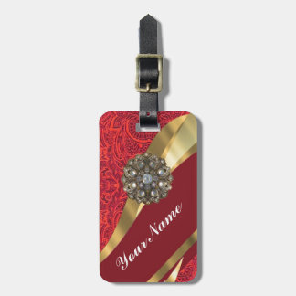 Red damask & gold swirl luggage tag
