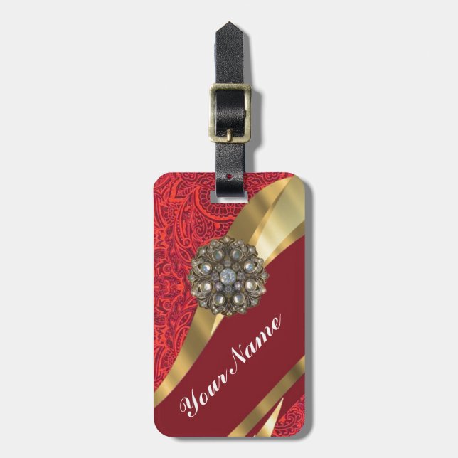 Red damask & gold swirl luggage tag (Front Vertical)