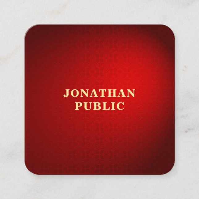 Red Damask Gold Text Trendy Elegant Template Elite Square Business Card (Front)