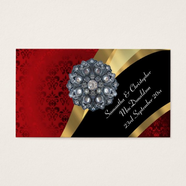 Red damask, gold wedding favour thank you tag (Front)