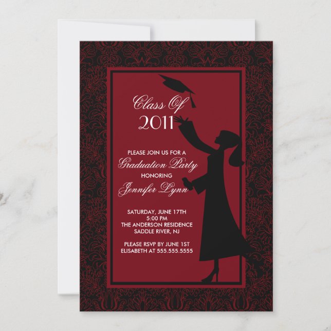 Red Damask Graduation Invitation Silhouette Grad (Front)
