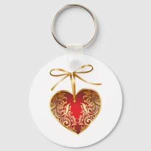 Red Damask Heart Key Ring
