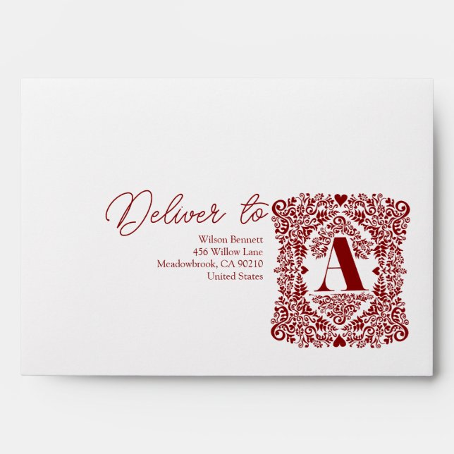 Red Damask Initial A Modern Envelope (Front)