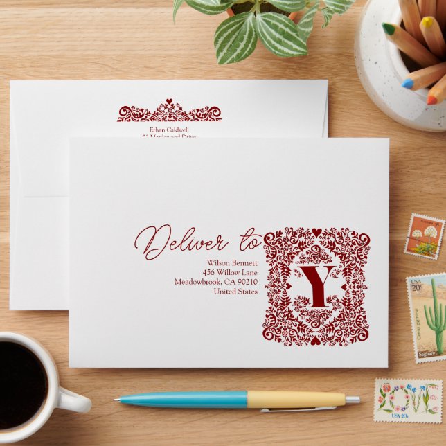 Red Damask Initial Y Modern Envelope (Desk)