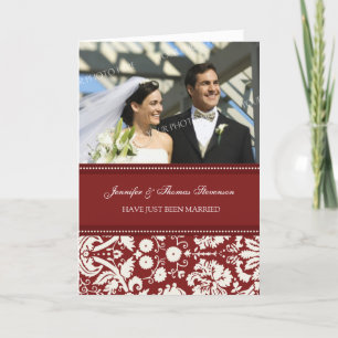 Red Damask Just Married Photo Announcement Card