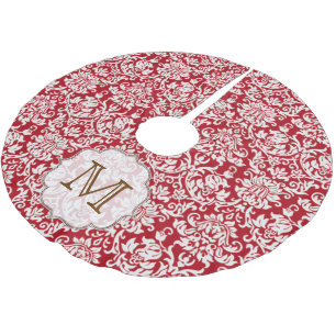 Red Damask Lace Print Monogram Initial Tree Skirt
