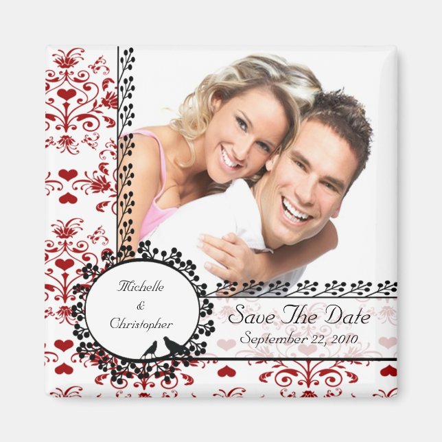 Red Damask Love Birds Photo Save The Date Magnet (Front)