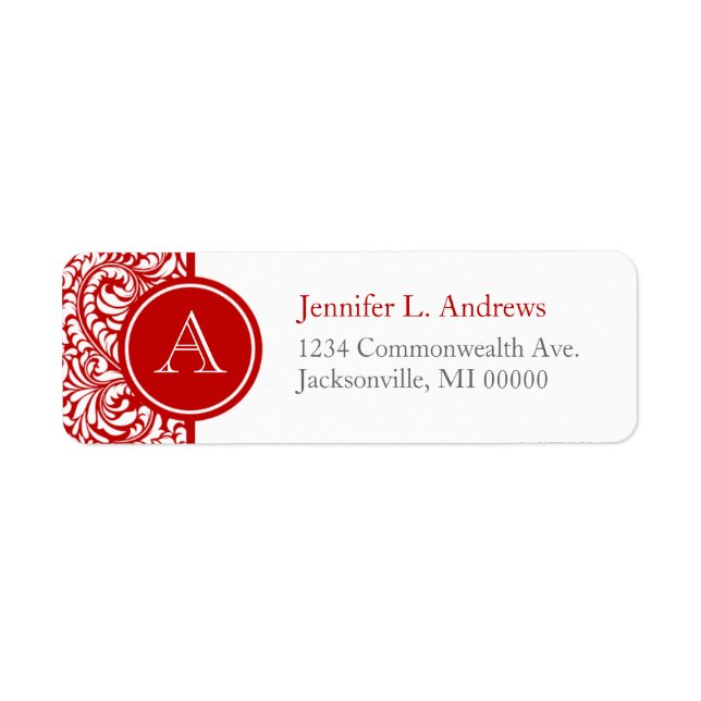 Red Damask Monogram Return Address Labels (Front)