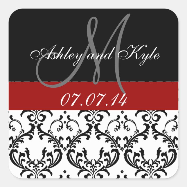 Red Damask Monogram Save the Date Stickers (Front)