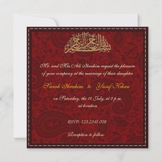 Red Damask Muslim wedding Invitation (Front)